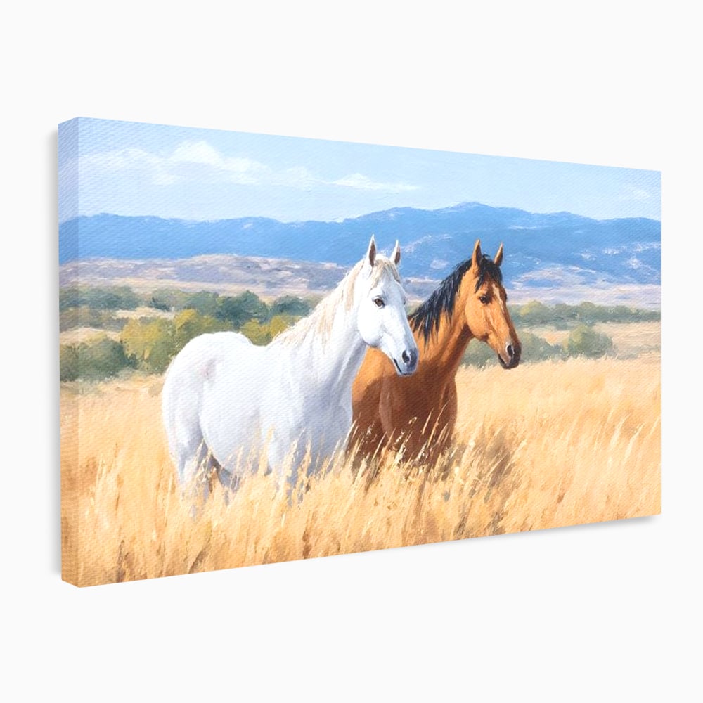Tablou canvas cu tablou canvas cu doi cai in lan, fara rama, pe sasiu de lemn